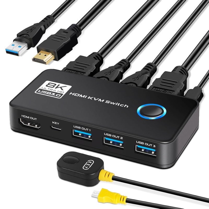 Suceem KVM Switch 1 Monitor 2 Computers - 8K@60Hz HDMI 2.1 KVM Switches with 3 USB 3.0 Ports for Sharing Monitor Keyboard Mouse Hard Drives and Printer Includes 2 HDMI & USB Cables and Controller - Image 1